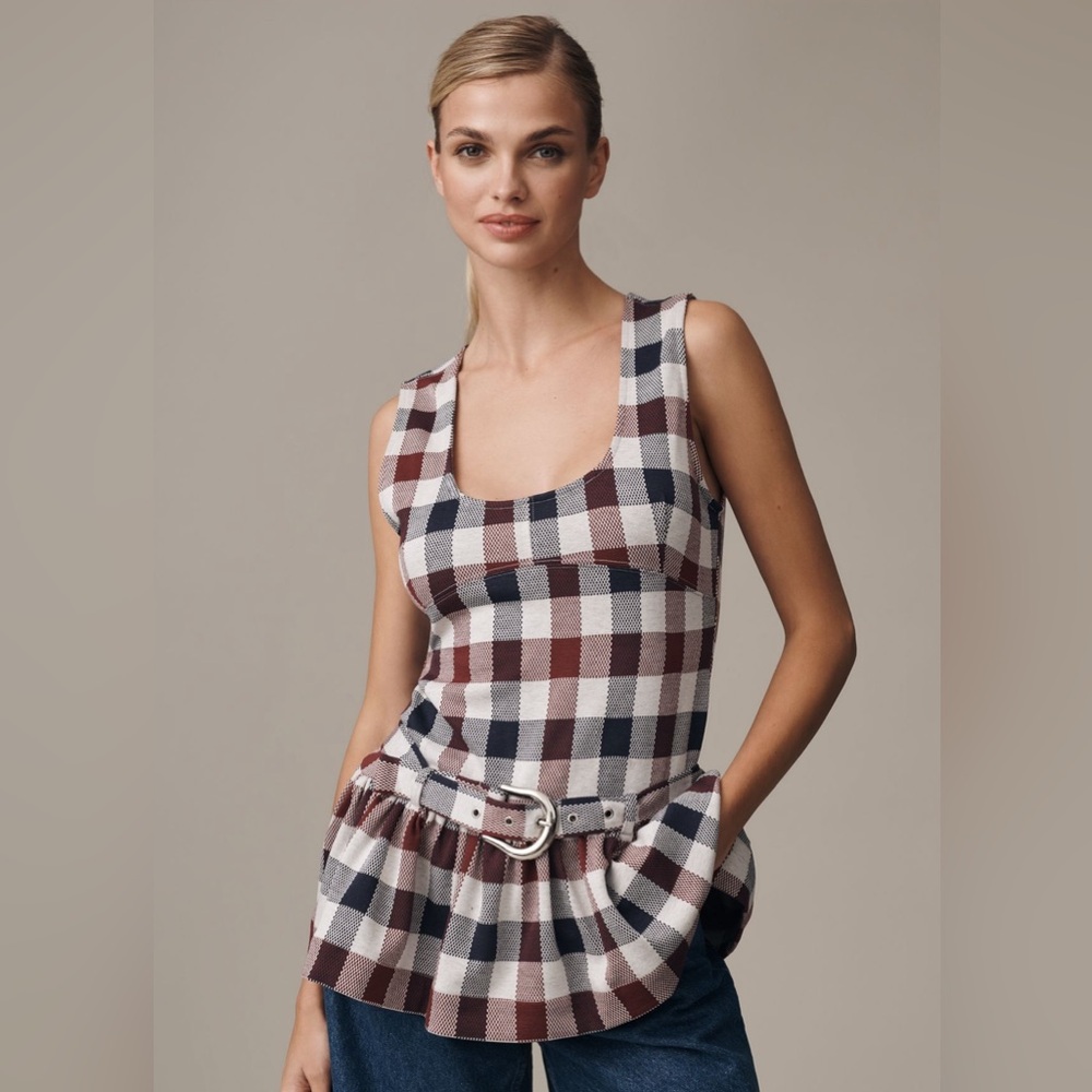 Anthropologie Maeve Belted Drop Waist Peplum Tank plaid